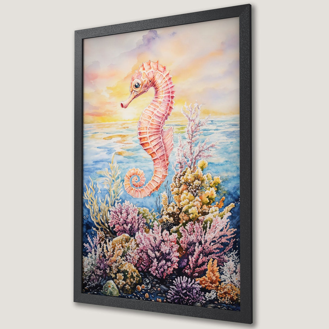 Framed Poster featuring a watercolor seahorse in a vibrant coral reef. Beautiful art with a warm, colorful palette. Perfect wall decor!