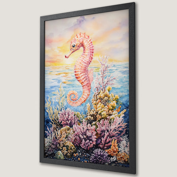 Framed Poster featuring a watercolor seahorse in a vibrant coral reef. Beautiful art with a warm, colorful palette. Perfect wall decor!