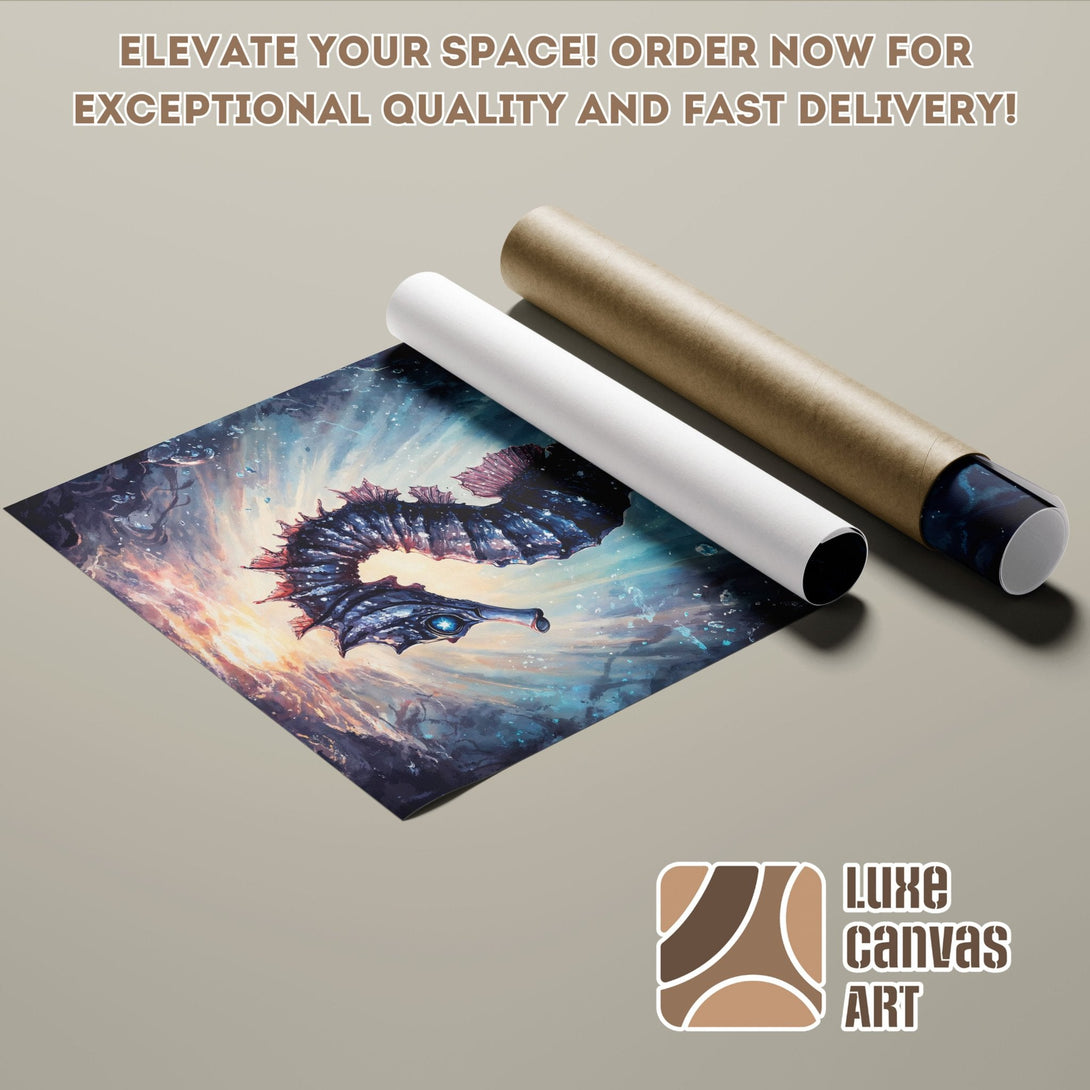 Seahorse Poster Roll art print in blue and gold, perfect for your home decor. Order now!