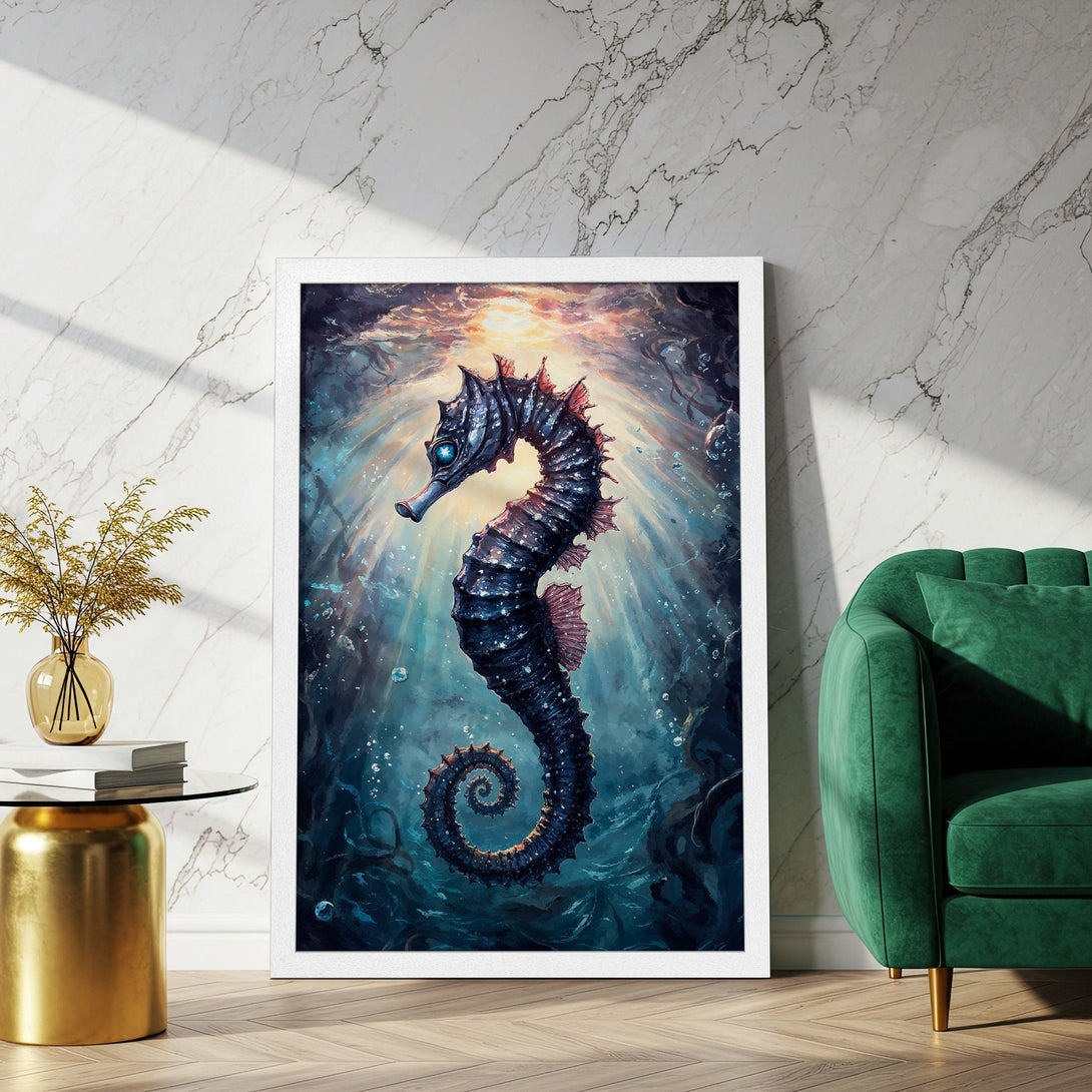 Framed Poster of a majestic seahorse in an underwater scene. Artistic style with a deep blue and teal color palette. Add aquatic vibes to your space!