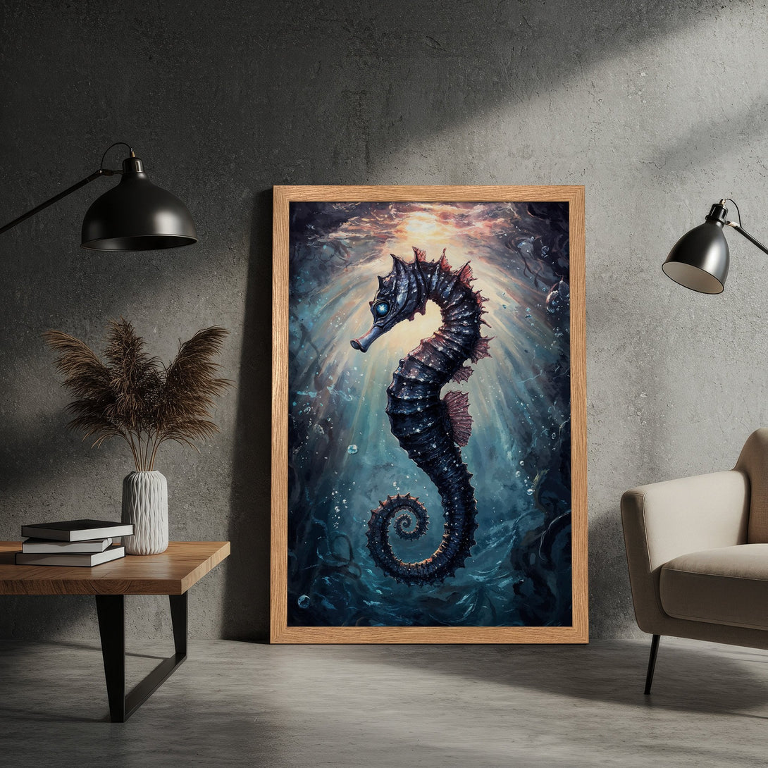 Framed Poster featuring a seahorse illustration in a dark, artistic style with a blue and teal color palette. Perfect ocean decor!
