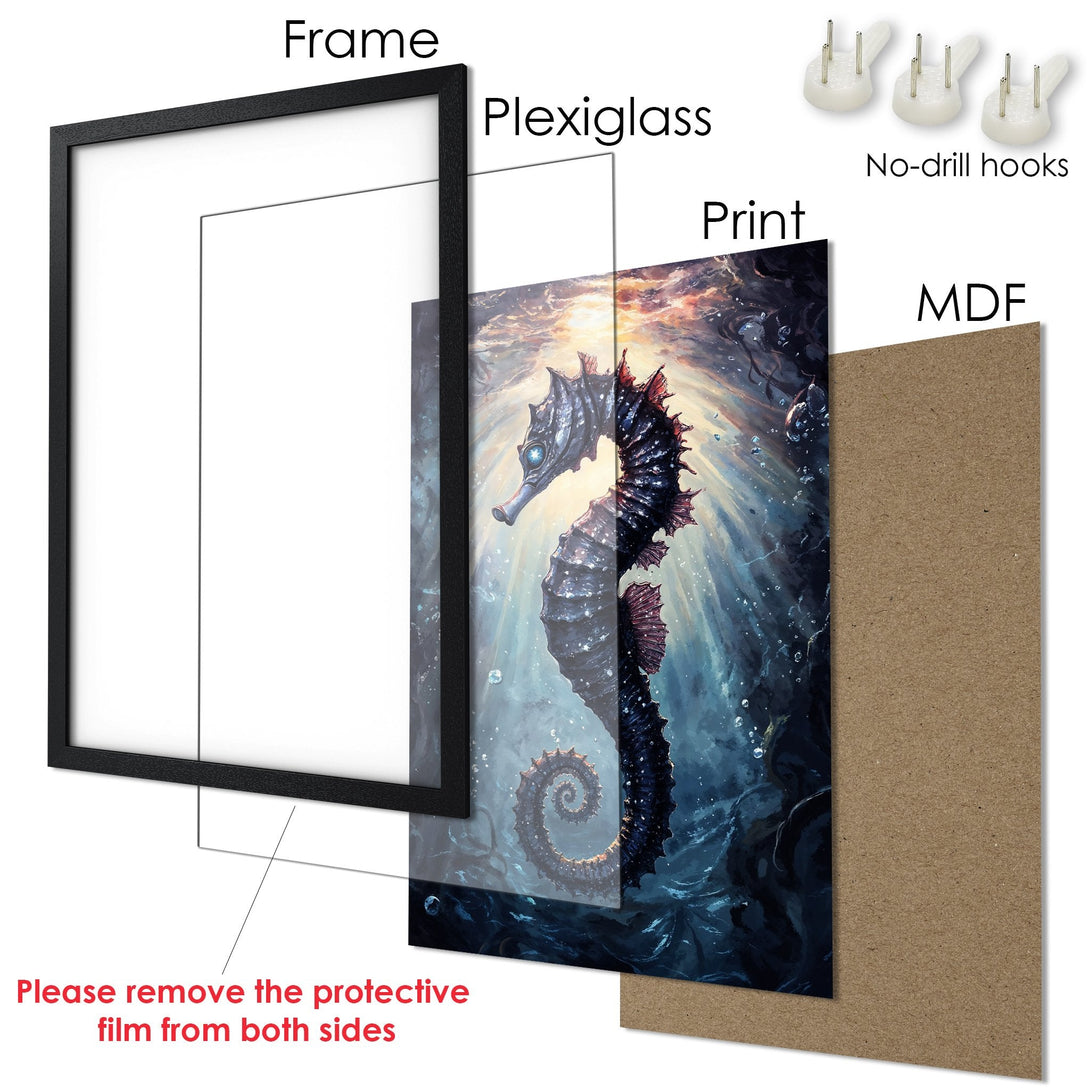 Framed Poster featuring a seahorse in an underwater fantasy style, with a blue and black color palette. Perfect wall art!