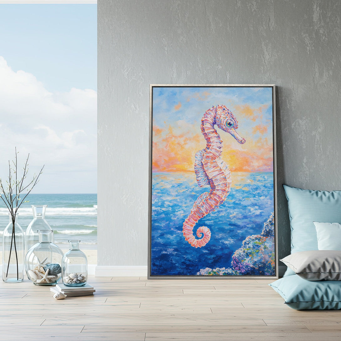 Framed Wall Art: Stunning seahorse painting with vibrant blues, oranges, and pinks. Coastal decor inspiration for your home. Add a touch of the ocean!
