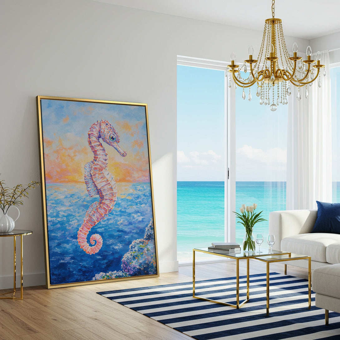 Canvas Print of a whimsical seahorse painting in a coastal style, featuring a vibrant blue, orange, and pink color palette.