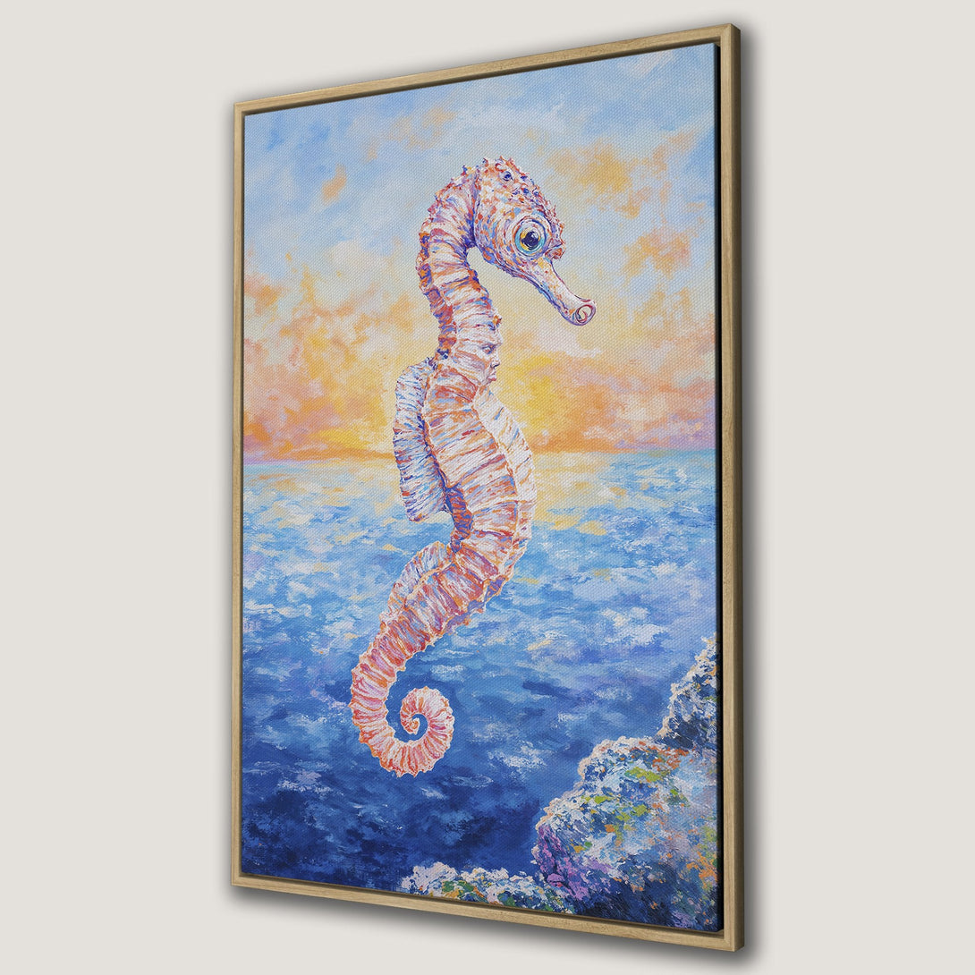 Framed Wall Art: Stunning seahorse painting in vibrant blues, oranges, and pinks. Coastal art style Canvas Print perfect for your home decor.