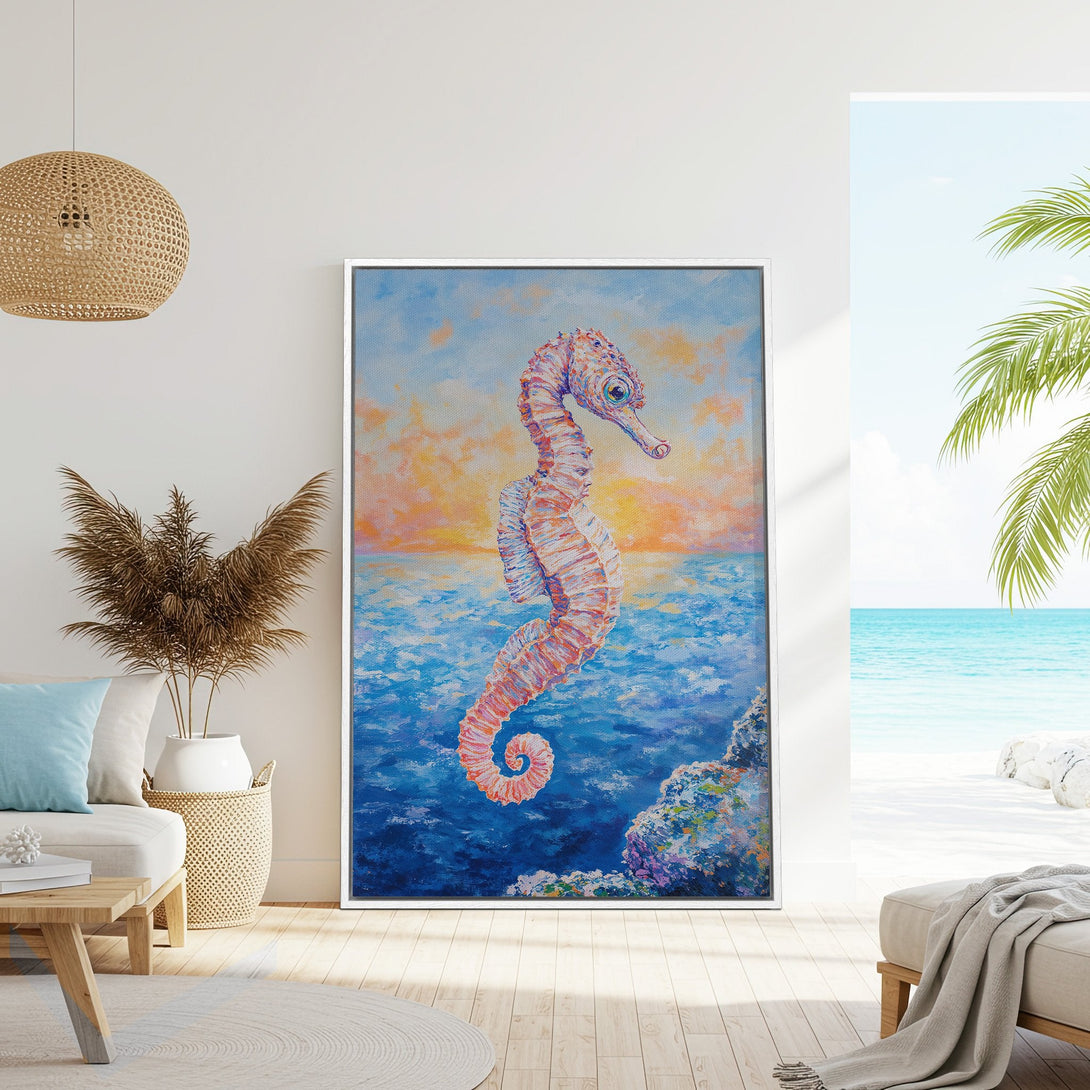 Framed Wall Art: Colorful seahorse painting in a coastal style. Features a vibrant blue, orange, and pink palette, perfect for adding a touch of the ocean to your home.
