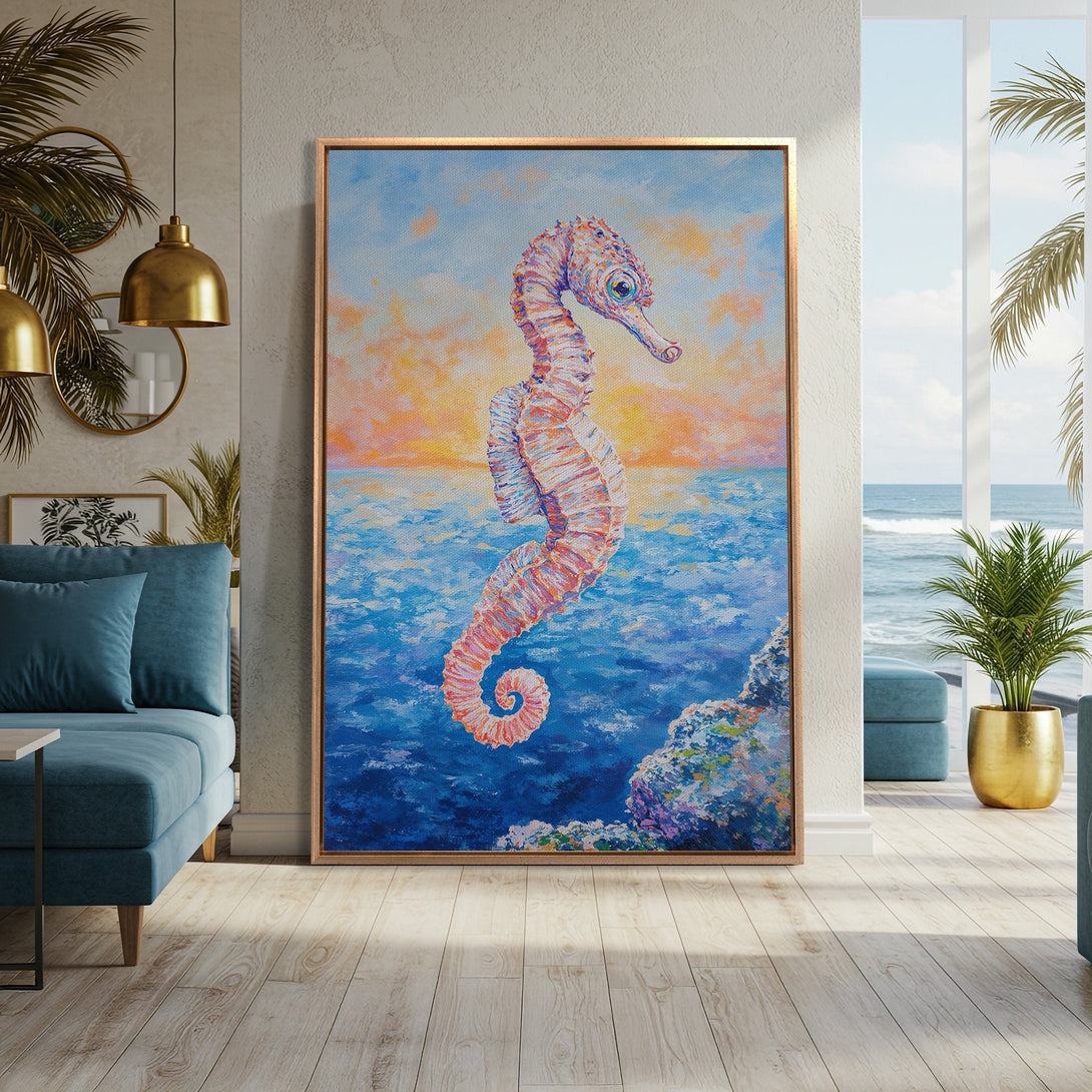 Framed Wall Art featuring a vibrant seahorse painting. Coastal style with blue, orange, and pink hues. Perfect for adding a touch of art to your home.