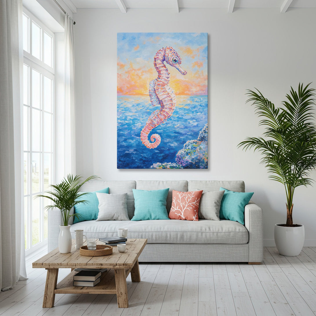 Framed Wall Art of a seahorse painting in a coastal-style interior. Features a vibrant blue, orange, and white color palette. Perfect beach house decor!