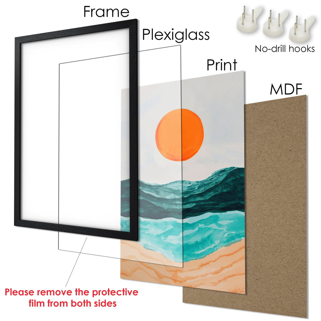 Framed Poster featuring abstract landscape art with an orange sun, teal water, and a black frame.