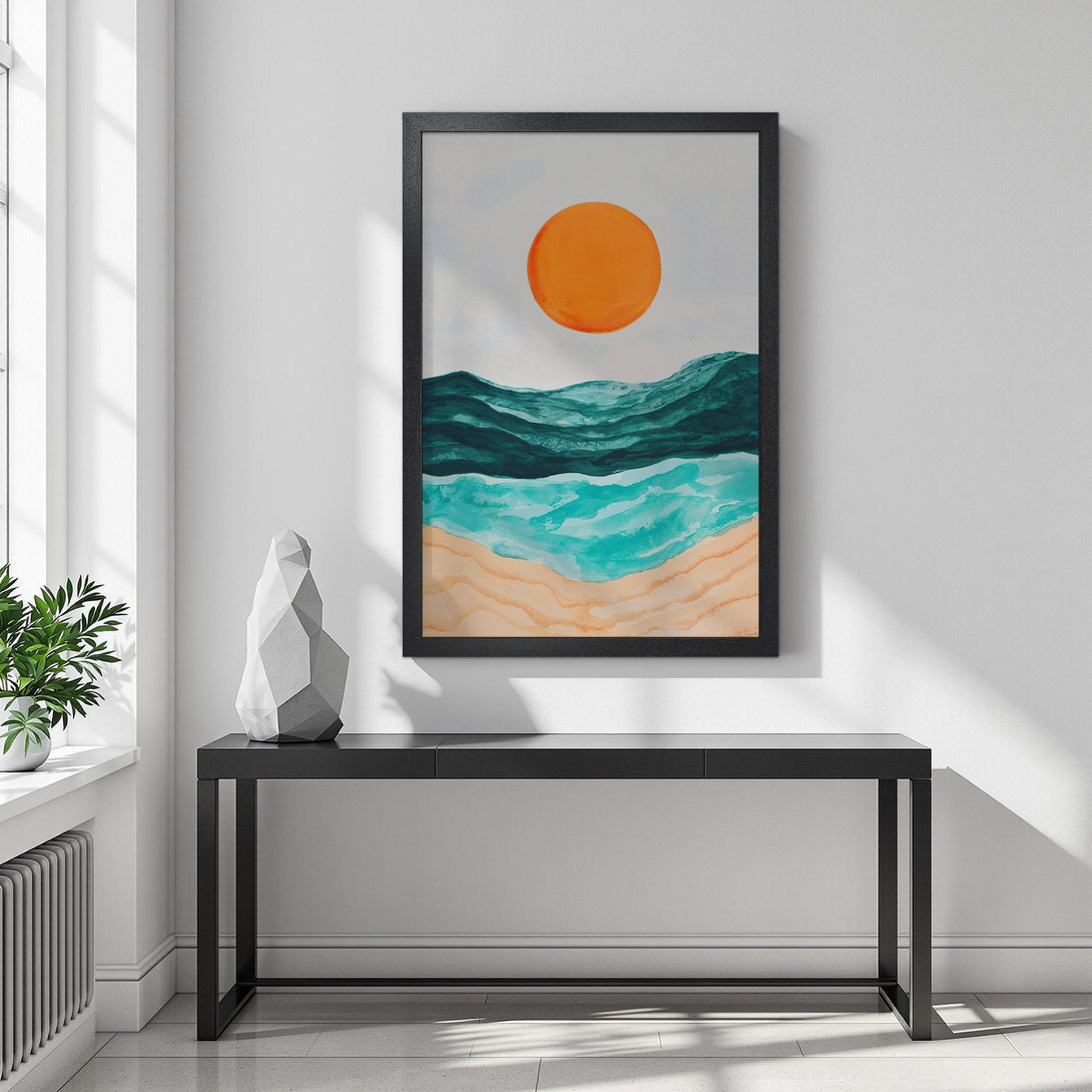 Framed Poster of abstract ocean art in teal, orange, and beige. Modern style, perfect for coastal decor.