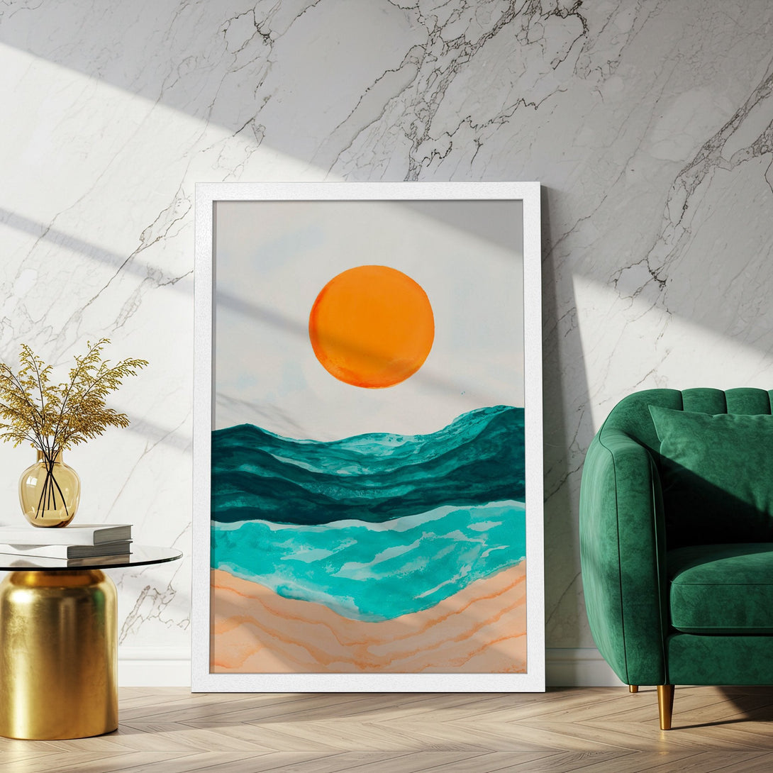 Framed Poster featuring an abstract ocean scene with orange sun, teal waves, and sandy beach. Modern art in a vibrant color palette.