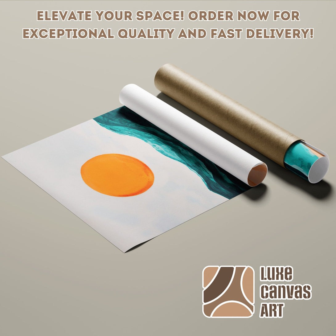 Abstract art Poster Roll with orange sun and teal accents, modern style.