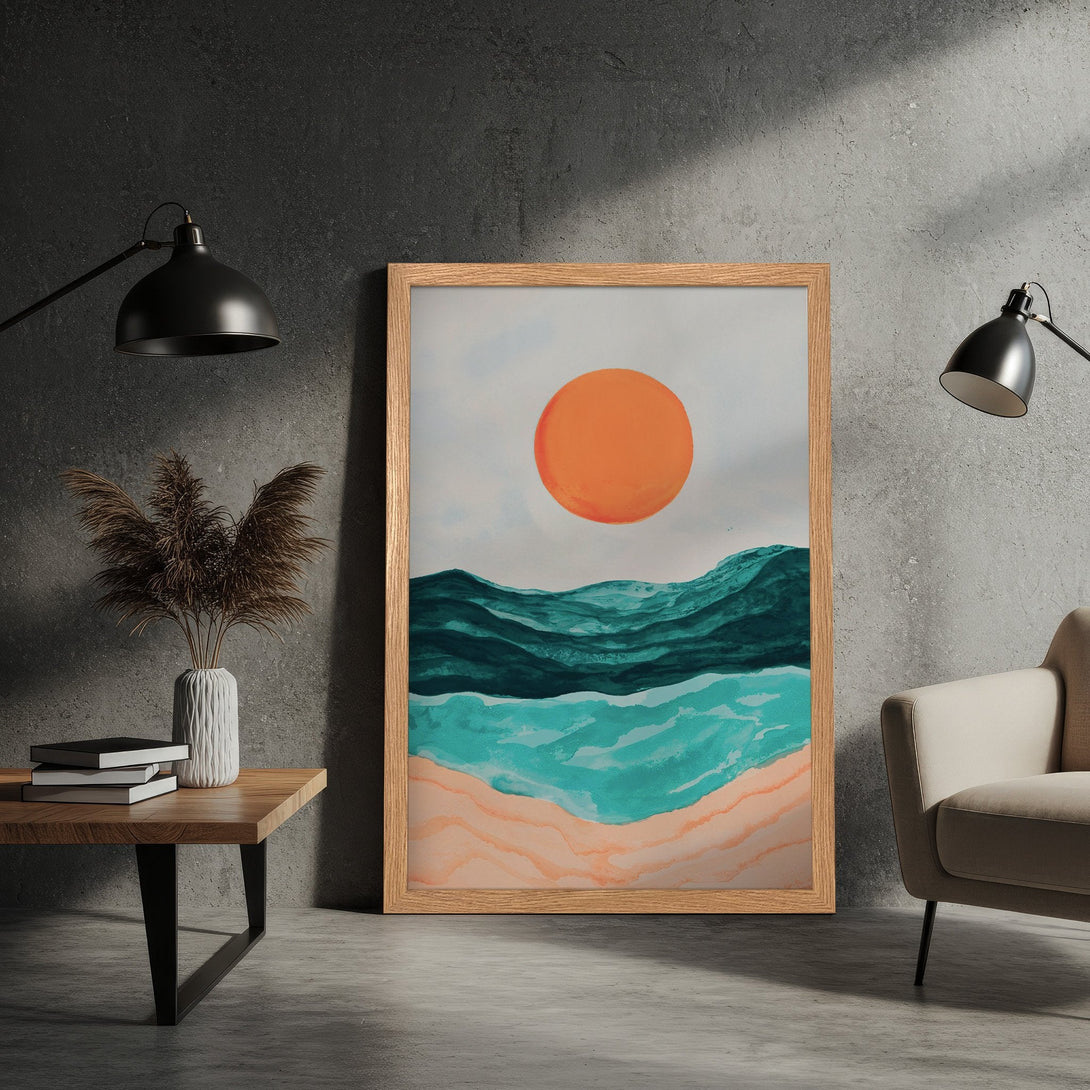 Framed Poster featuring an abstract beach scene with a vibrant orange sun, teal waves, and a warm color palette. Modern art print.