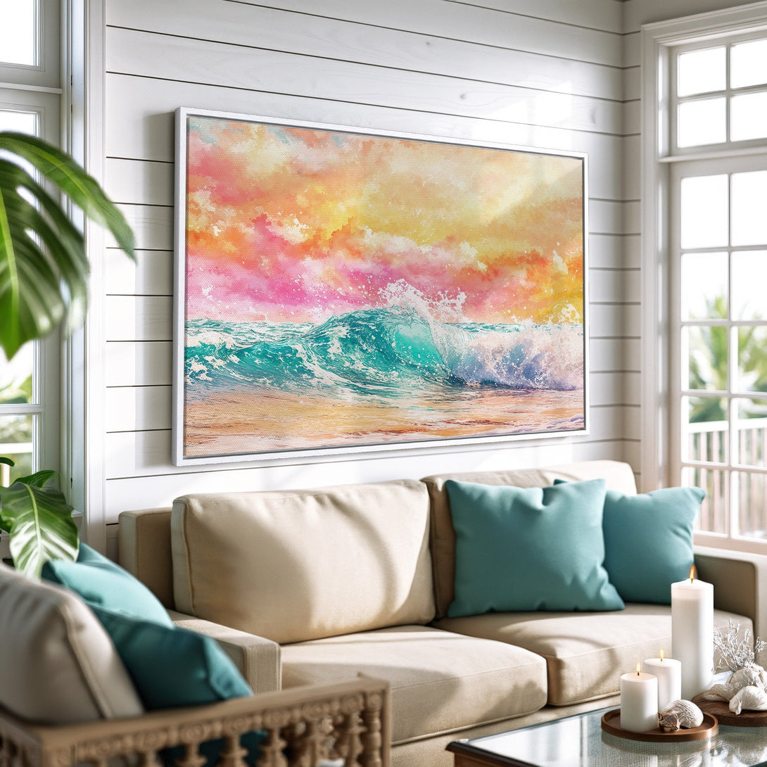 Framed Wall Art featuring a vibrant watercolor wave scene with pink, orange, and teal hues. Coastal-inspired artwork perfect for adding a pop of color.