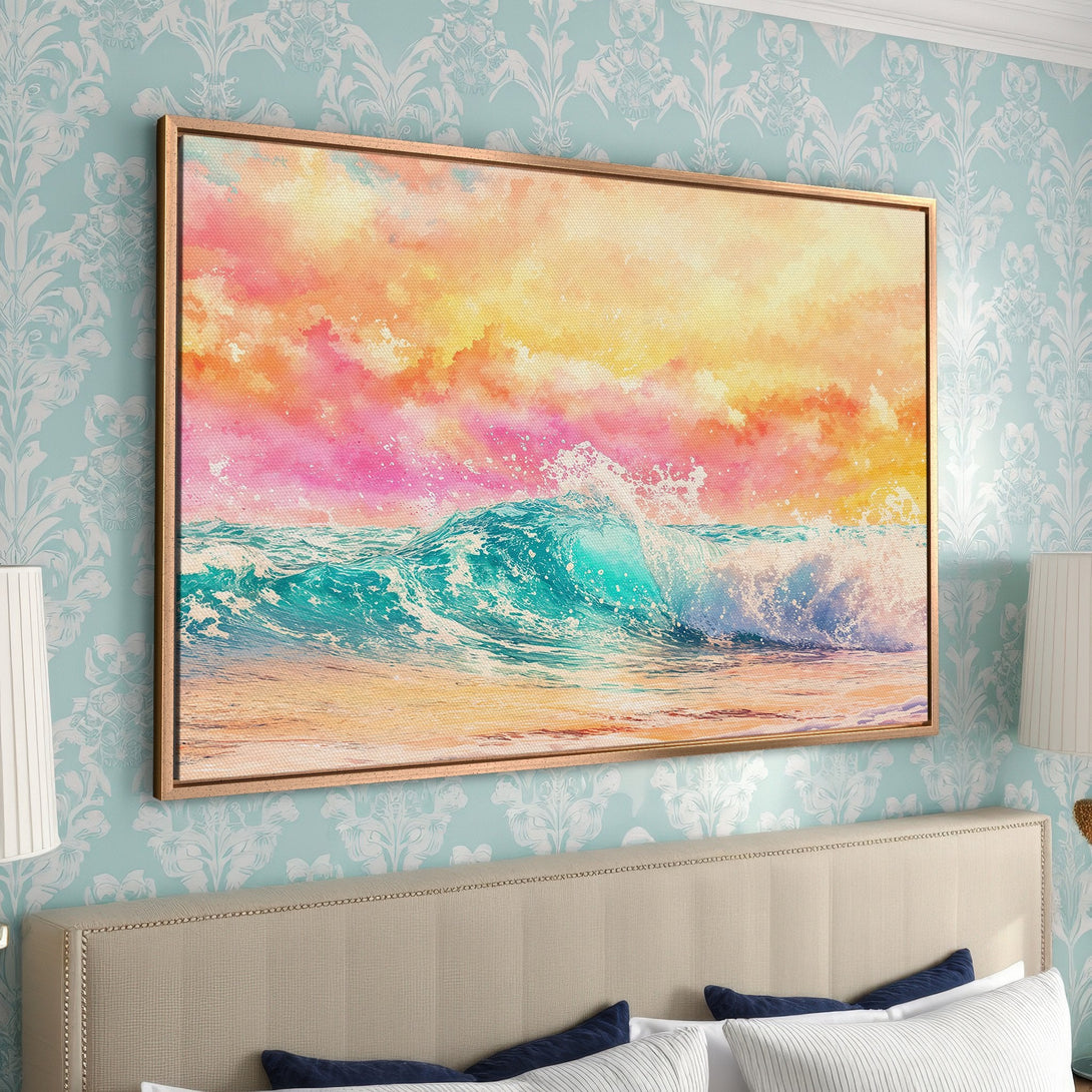 Framed Wall Art: Watercolor ocean wave print in vibrant sunset colors. Coastal decor with turquoise, pink, and yellow hues. Add a splash of art to your bedroom!