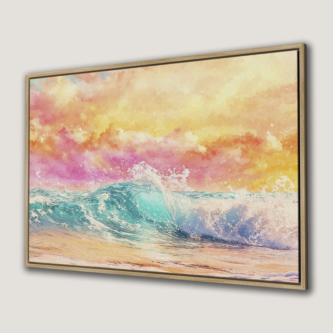 Framed Wall Art: Watercolor wave art in vibrant teal, pink, and yellow. Coastal scene Canvas Print adds a splash of color and serenity to any space.