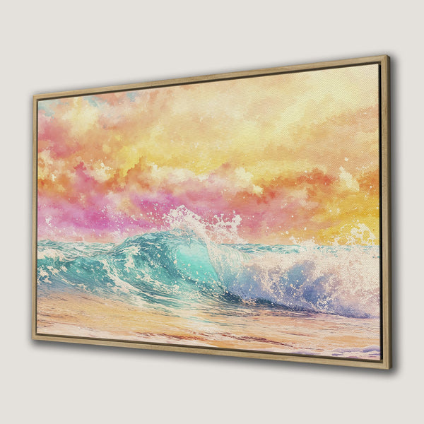 Framed Wall Art: Watercolor wave art in vibrant teal, pink, and yellow. Coastal scene Canvas Print adds a splash of color and serenity to any space.