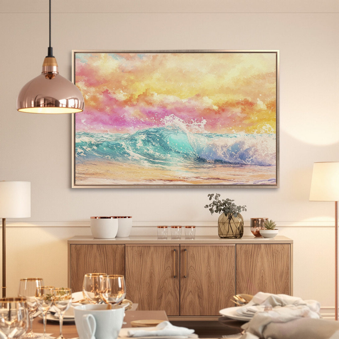 Framed Wall Art: Stunning ocean wave canvas print with a vibrant watercolor style. Features a warm, colorful palette of pinks, yellows, and blues. Perfect for coastal decor!