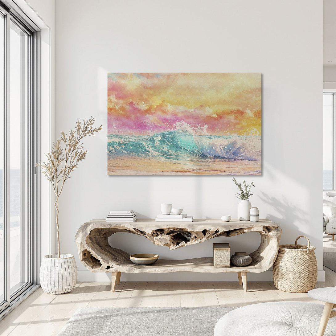 Framed Wall Art of a vibrant watercolor wave scene in a modern interior. Features a warm, colorful palette of turquoise, pink, and yellow.