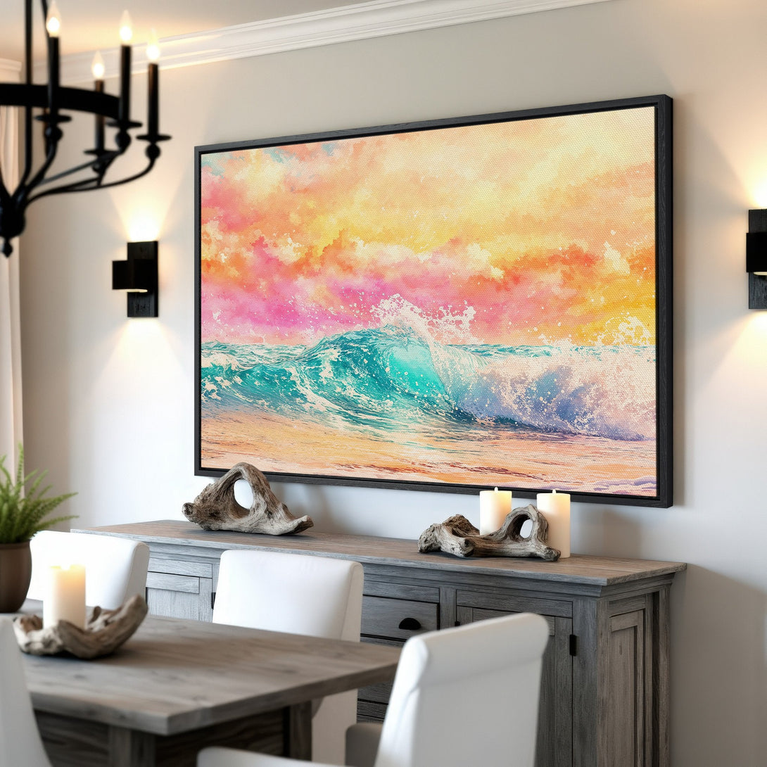 Framed Wall Art: Watercolor wave crashing on beach in vibrant pink, orange, and teal hues. Coastal art perfect for adding a pop of color to your home.