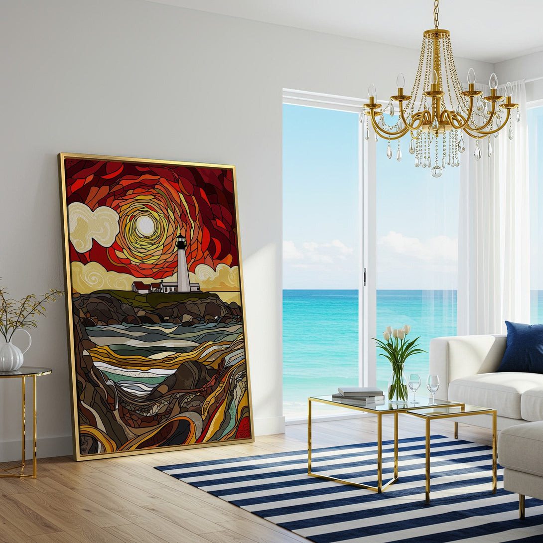 Canvas Print of a lighthouse scene in a stained-glass style, featuring warm red, yellow, and brown tones. Perfect wall art for coastal decor.