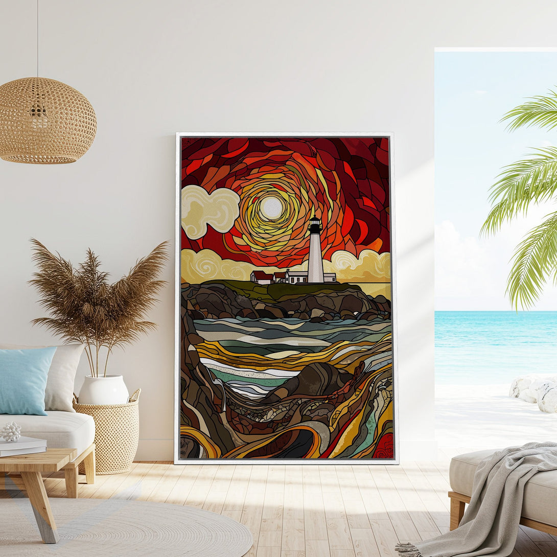 Framed Wall Art: Lighthouse scene in stained glass style with warm red, yellow, and brown tones. Perfect coastal decor for your home.