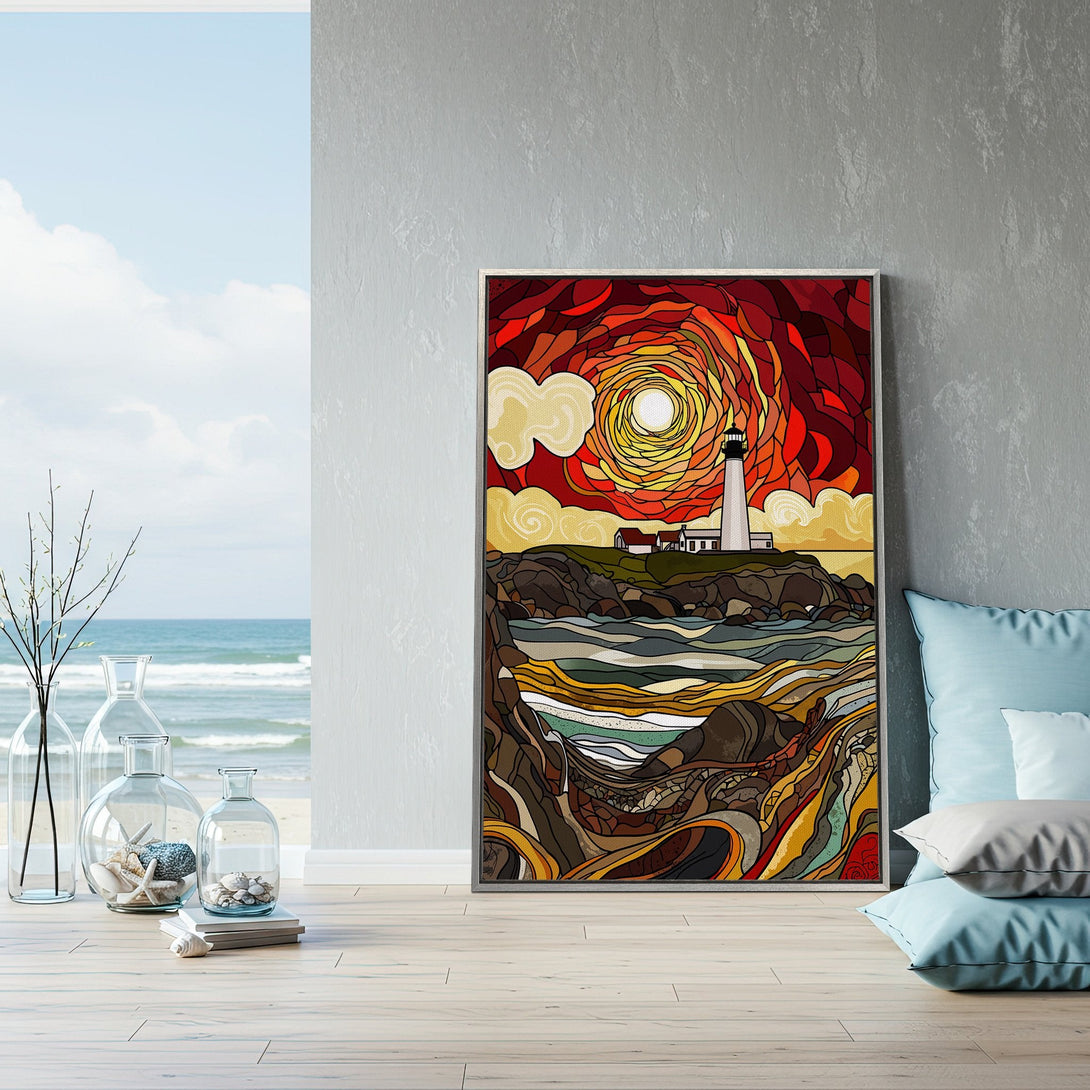 Framed Wall Art: Lighthouse art in warm red and orange hues. Coastal landscape design with a stained-glass style. Perfect home decor accent.