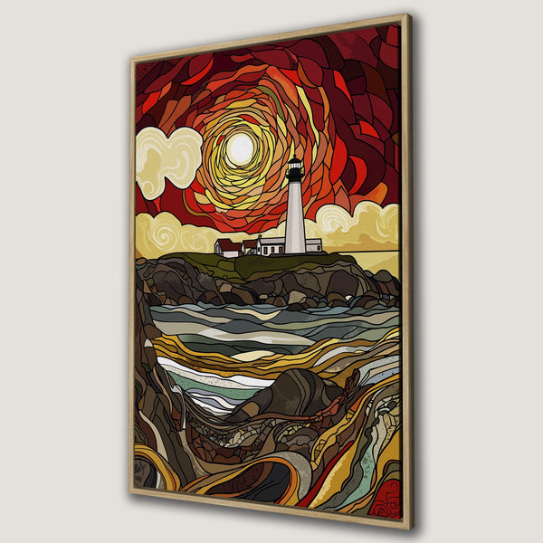 Framed Wall Art: Lighthouse canvas print with a stained-glass style, featuring a sunset in warm reds, oranges, and yellows. Coastal art for your home!