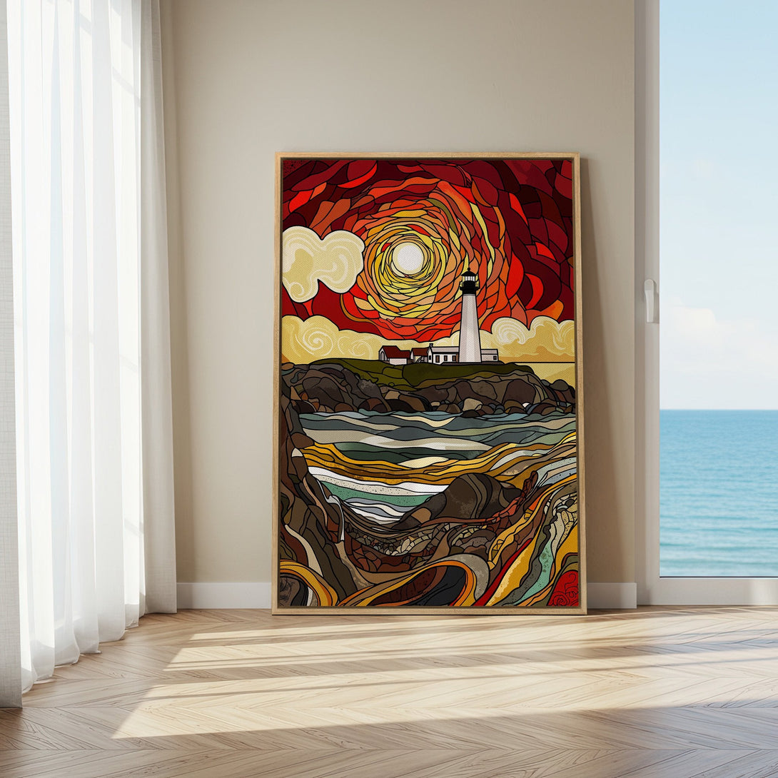 Framed Wall Art featuring a lighthouse scene in a stained-glass style. Warm, vibrant color palette of reds, oranges, and yellows. Perfect coastal decor!