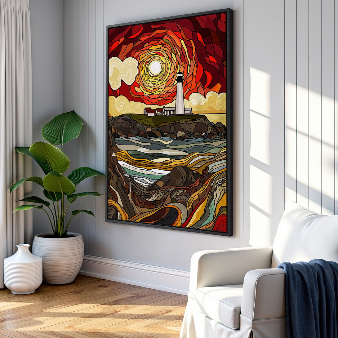 Framed Wall Art of a lighthouse scene with a stained-glass style, featuring warm red, yellow, and brown tones. Perfect for coastal decor.