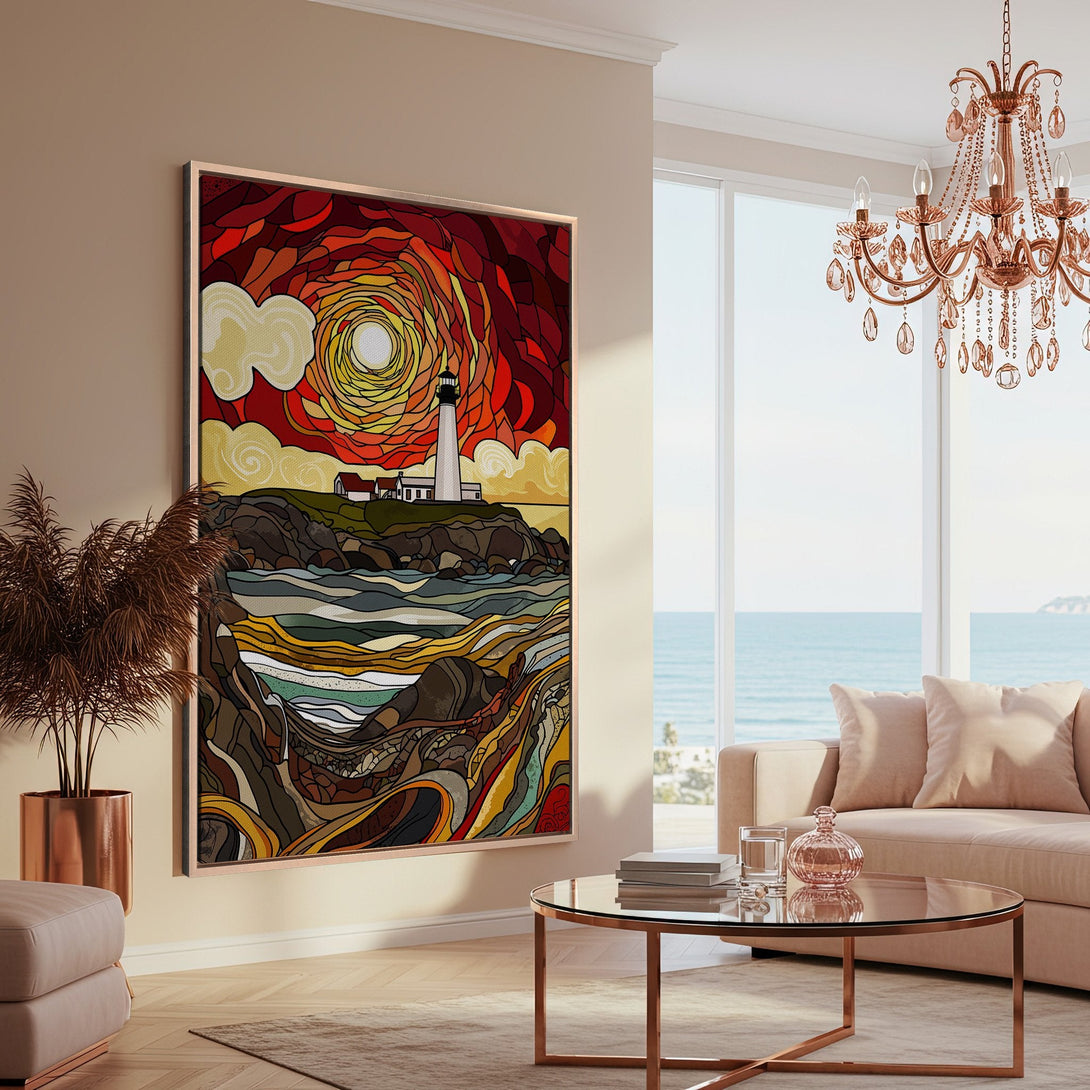Framed Wall Art featuring a lighthouse scene in a stained-glass style, with warm red, orange, and yellow hues. Perfect for coastal decor!