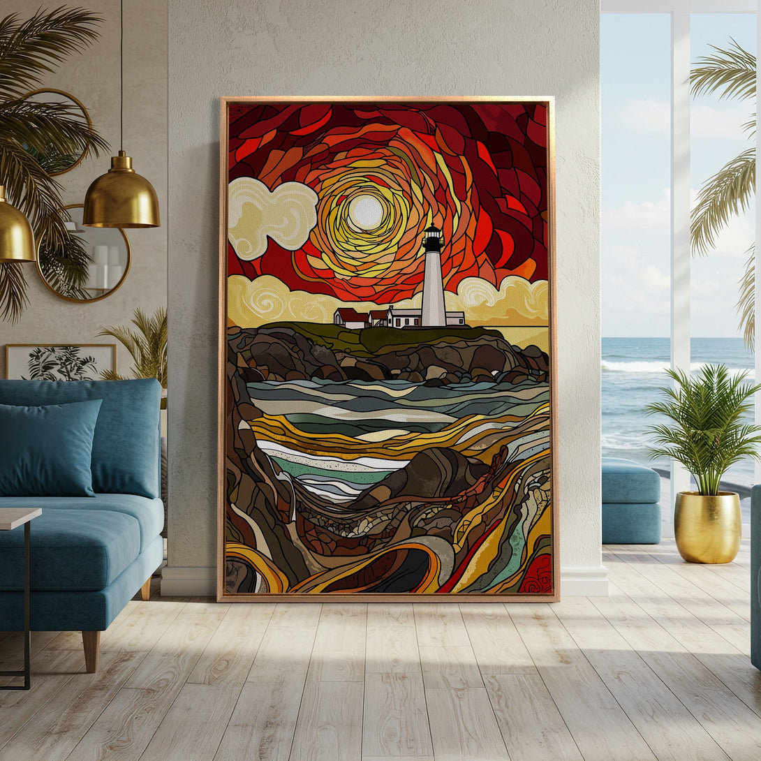 Framed Wall Art featuring a lighthouse in a stained-glass style, warm sunset color palette. Perfect for coastal decor and adding a pop of color to your home.