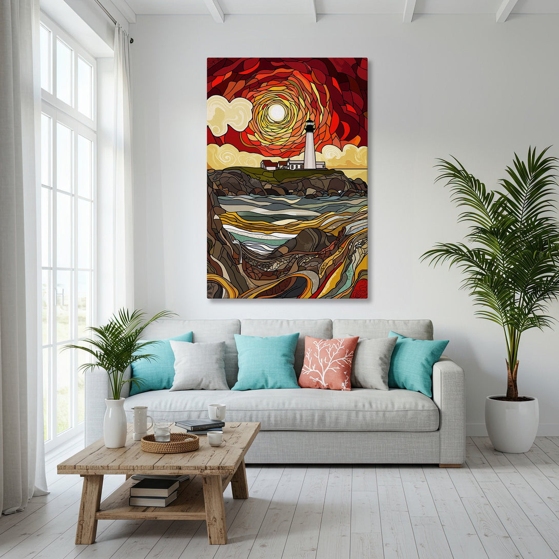 Framed Wall Art Canvas Print featuring a lighthouse, with warm red, orange, and yellow tones. Coastal art style complements a modern interior.