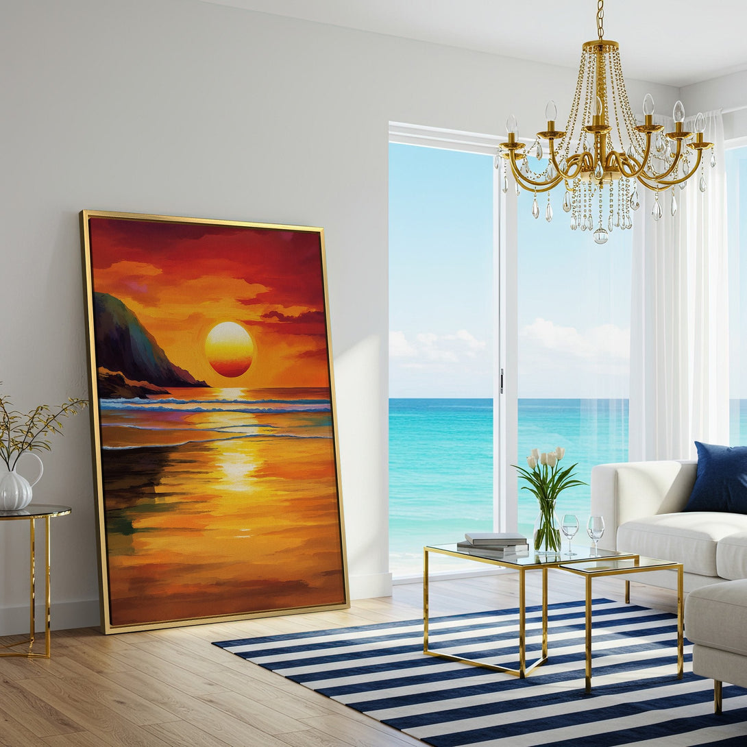Canvas Print of a vibrant sunset over the ocean. Warm orange and yellow hues create a relaxing, coastal vibe. Perfect wall art for your home!