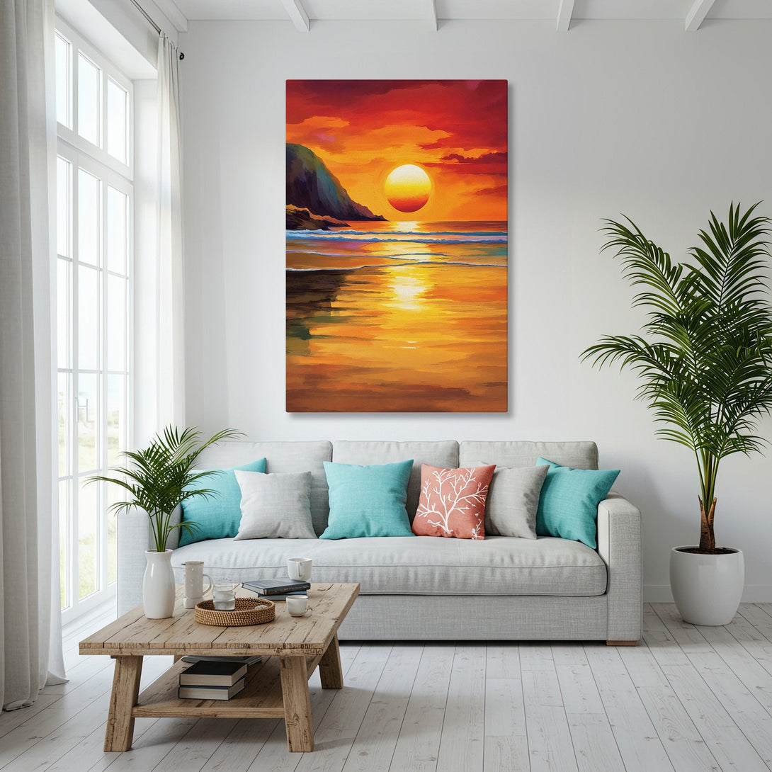 Framed Wall Art: Sunset beach scene in warm orange and yellow tones. Adds a touch of coastal art to any living room.