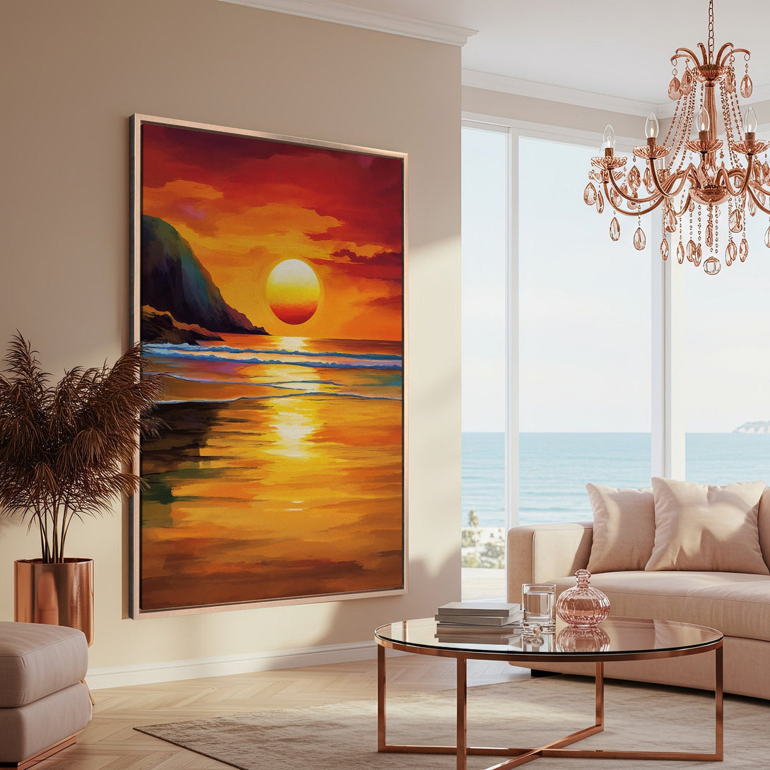 Framed Wall Art: Sunset beach scene in warm orange and red tones. Modern art canvas print adds a pop of color to any interior.