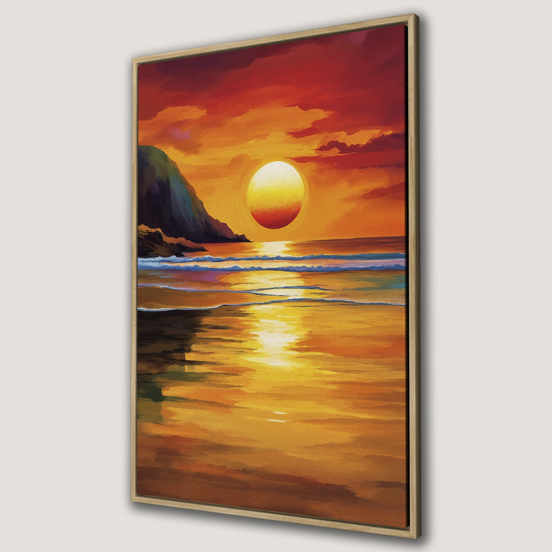 Framed Wall Art: Sunset over the ocean. Warm, vibrant canvas print with orange, red, and yellow hues. Coastal landscape art for a cozy home.