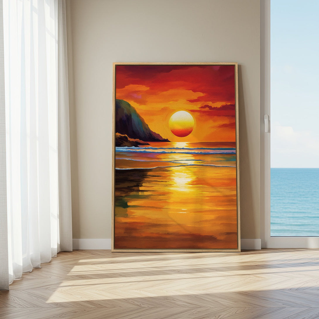 Framed Wall Art: Sunset beach scene in warm orange and yellow hues. Adds a vibrant touch to any space. Perfect for coastal decor.