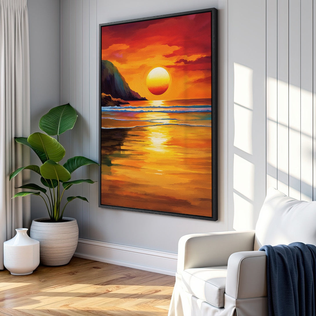 Framed Wall Art: Sunset beach scene in warm orange and yellow tones. Adds a vibrant touch to any space. Shop now for coastal-inspired decor!