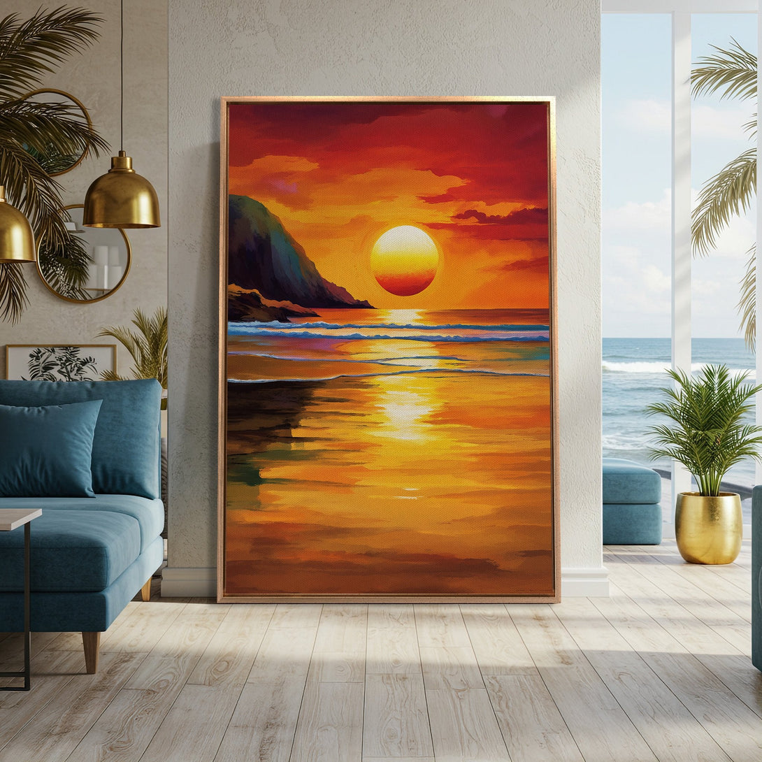 Framed Wall Art: Sunset over the ocean canvas print in warm orange and yellow tones. Coastal art for a relaxing living room.