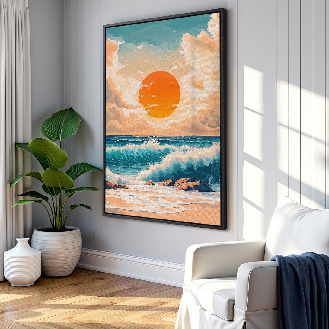 Framed Wall Art: Coastal sunset Canvas Print in warm orange and teal tones. Perfect for a calming living room. Shop now for beach-inspired decor!