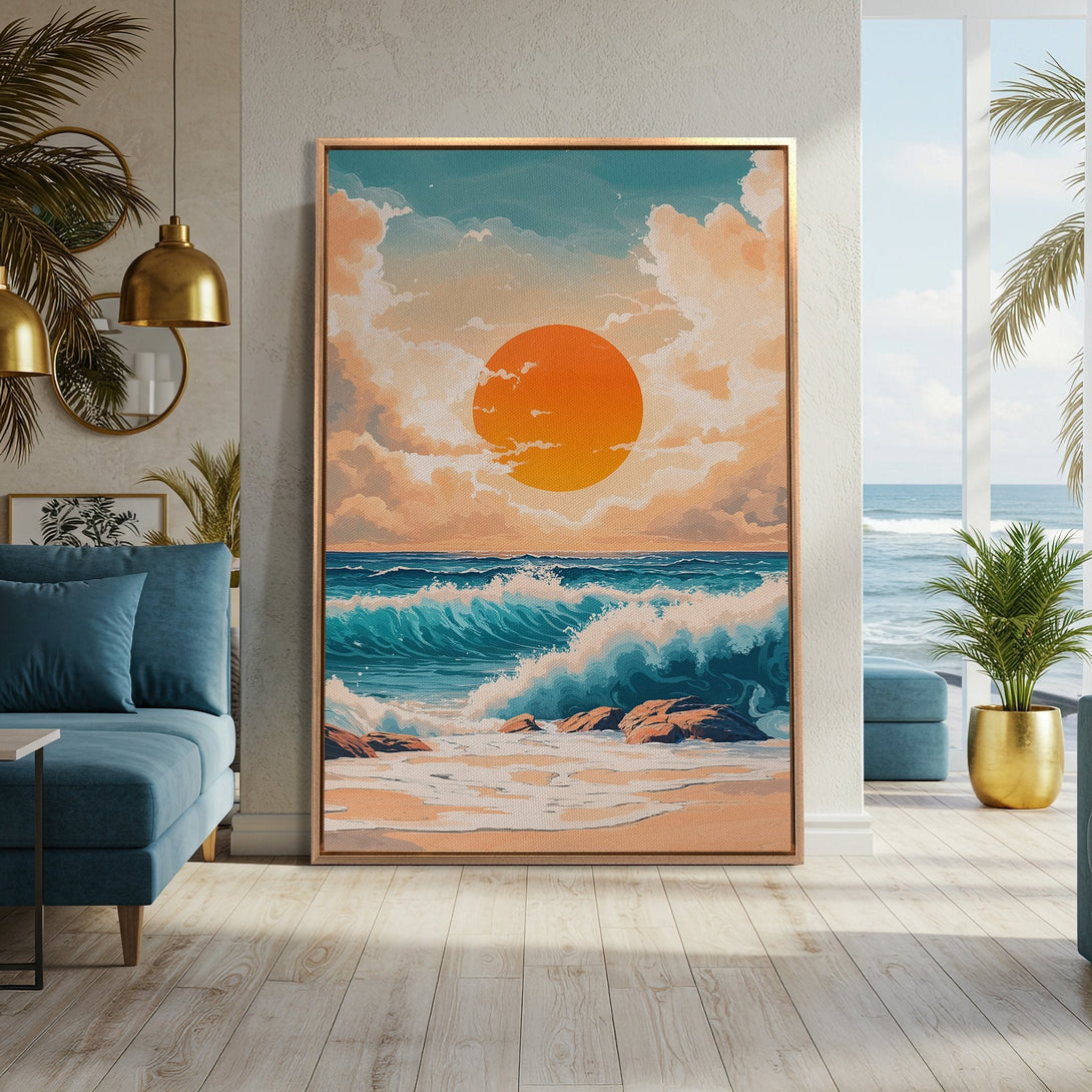 Framed Wall Art featuring a vibrant sunset over ocean waves. Coastal-inspired artwork in warm orange, blue, and beige tones, perfect for adding a touch of serenity to any space.