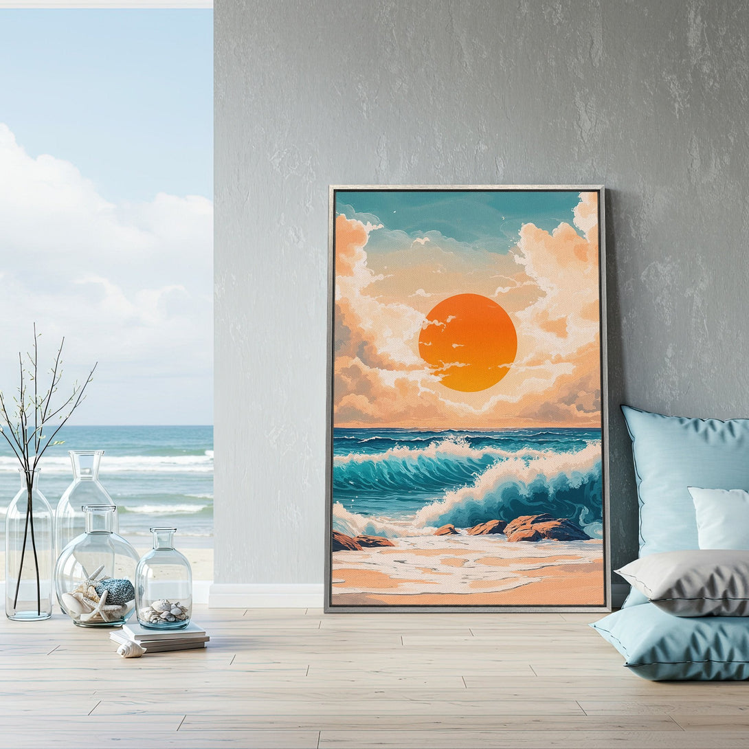 Framed Wall Art featuring a vibrant sunset over the ocean. Coastal-inspired artwork in a warm, calming color palette of blues, oranges, and beige. Perfect for home decor.