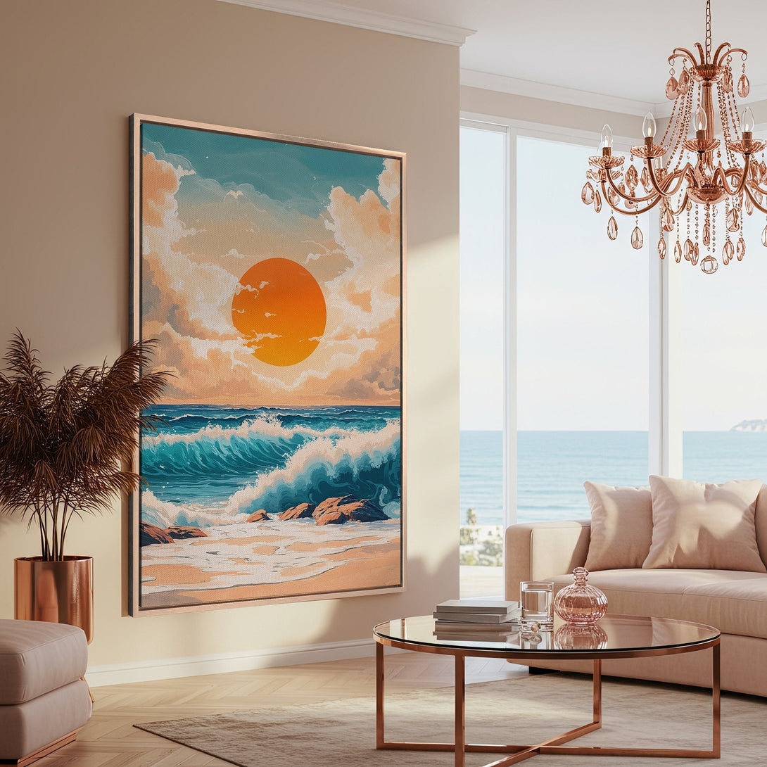 Framed Wall Art: Coastal sunset Canvas Print in a serene interior. Features vibrant blues, oranges, and a calming aesthetic. Perfect for adding a touch of nature to your home.