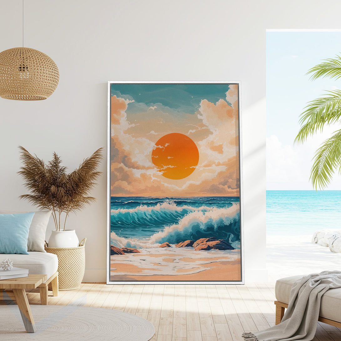 Framed Wall Art: Coastal sunset canvas print in warm orange and teal tones. Perfect beach decor for a serene and stylish home.