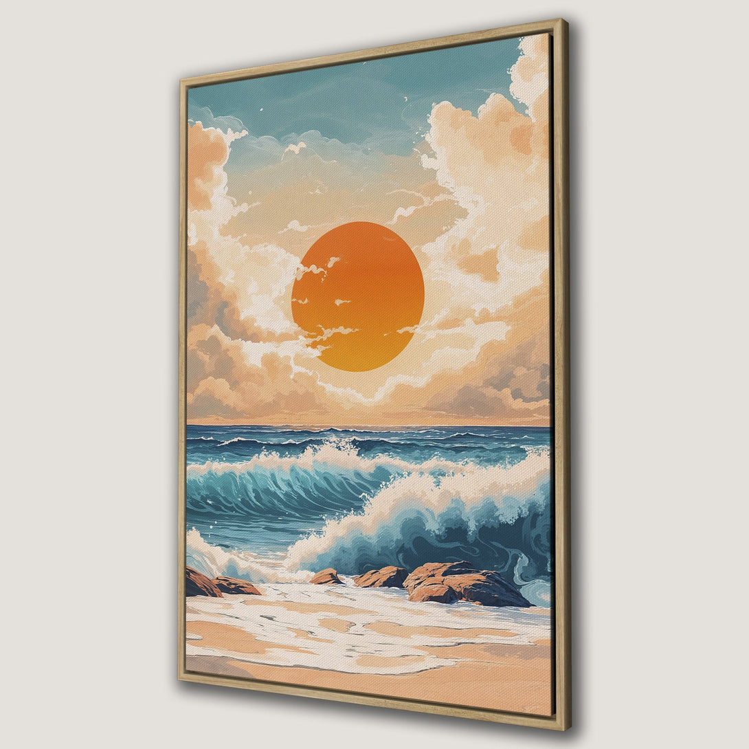 Canvas Print of a serene ocean sunset. Coastal art in warm orange, blue, and beige tones. Perfect framed wall art for a relaxing vibe.