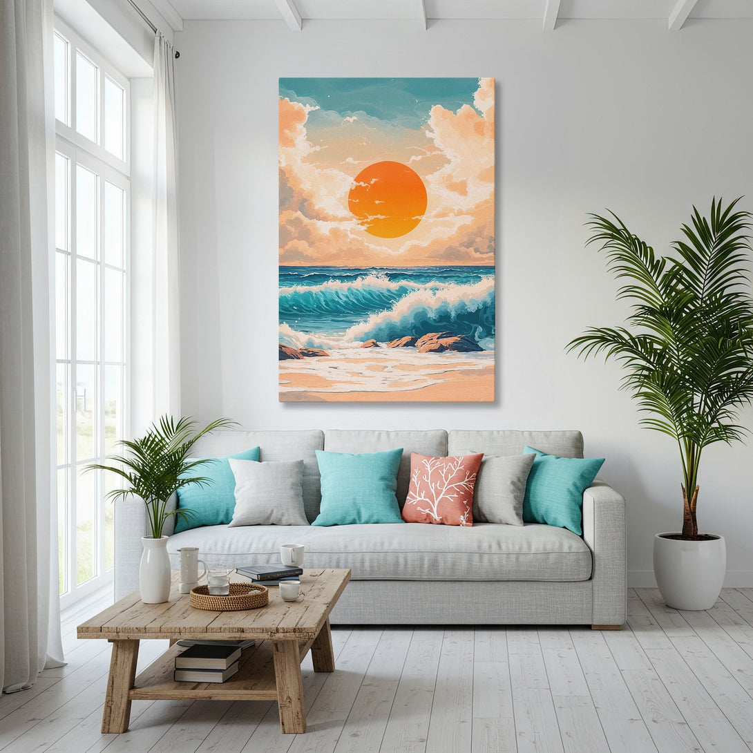 Framed Wall Art: Coastal sunset canvas print in a modern interior. Featuring ocean waves, warm orange and teal color palette. Perfect home decor!