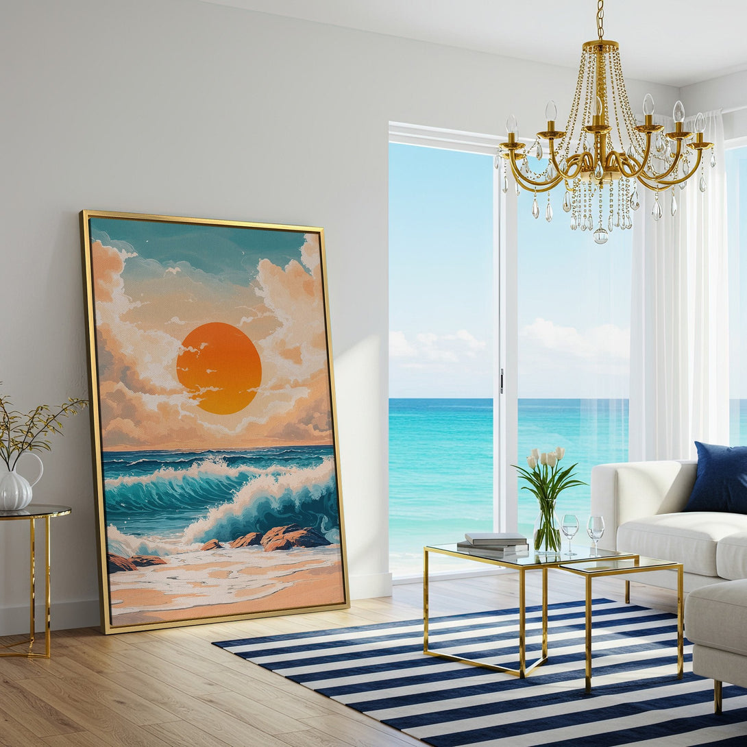 Canvas Print of a beach sunset in a modern interior. Coastal artwork with warm orange, blue, and beige tones. Perfect wall art for your home!