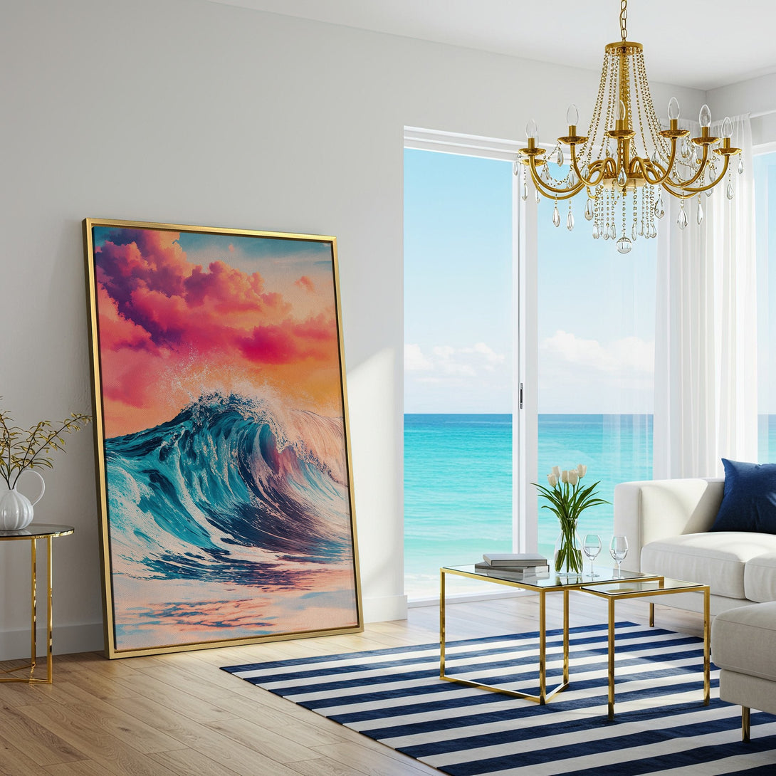 Canvas Print of a vibrant ocean wave painting with a sunset sky. Coastal wall art in blue, orange, and pink hues. Perfect for any home decor.