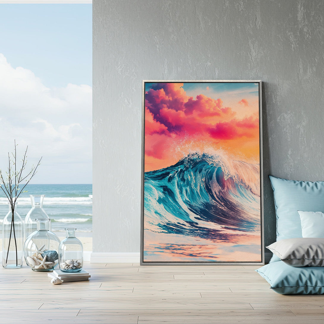 Framed Wall Art: Vibrant wave canvas print with a colorful sunset palette. Coastal decor inspiration.